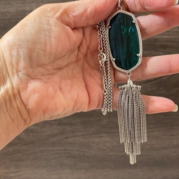 Kendra Scott Rayne Teal Tiger's Eye Silver Tone Tassel Pendant Necklace 30" - Picture 3 of 9